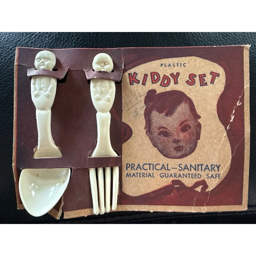 Vintage Kiddy Set Plastic Baby Fork Spoon 3 Sets Figural Doll Handle Mid Century